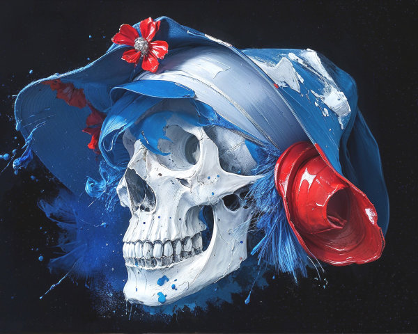Skull with Blue Painter's Hat and Colorful Paint Splashes
