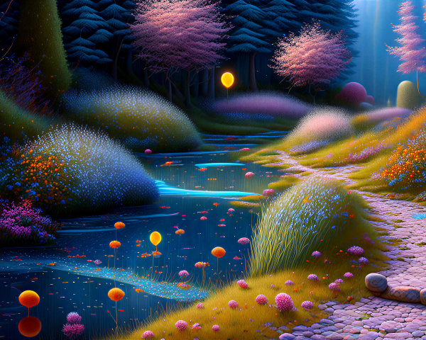 Serene Landscape with Winding River and Lush Flora