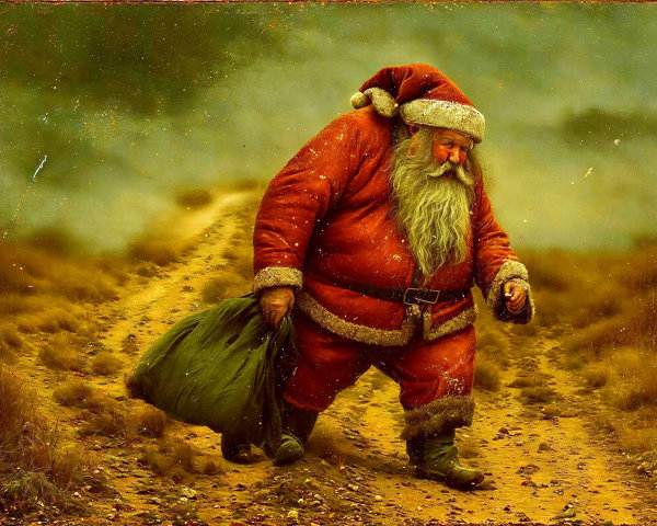 Oil Painting of Santa Claus on a Dirt Road