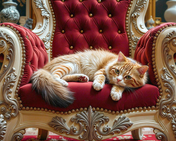 Ginger Cat on Ornate Red and Gold Armchair
