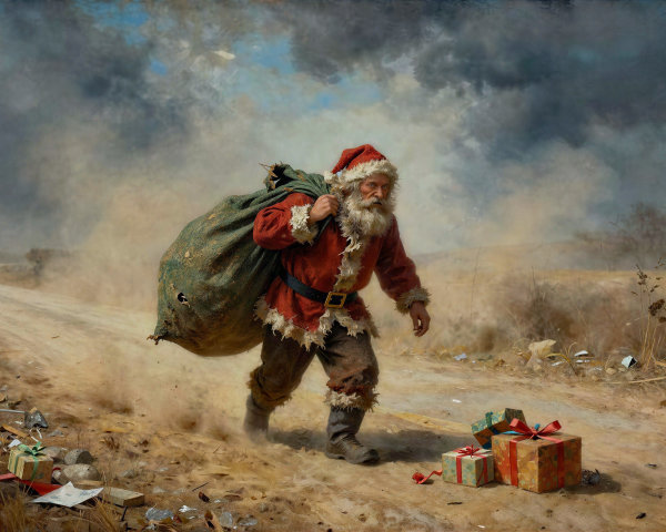 Aged Santa Claus with gifts on a dusty road