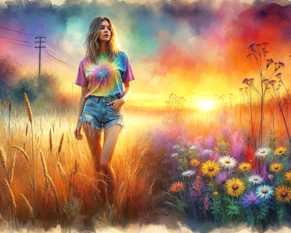 Young woman in tie-dye shirt in vibrant sunset landscape