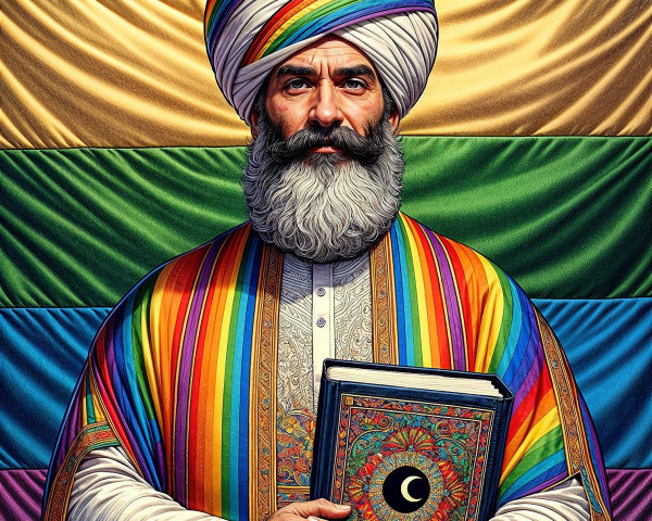 Dignified Figure in Colorful Attire with Book and Rainbow Background