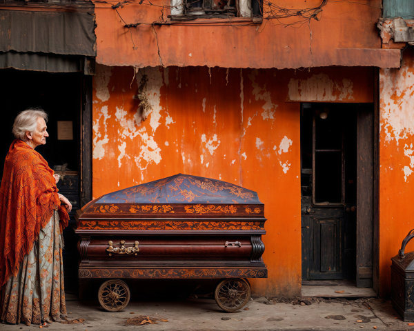 Elderly Woman Beside Ornate Coffin on Weathered Street