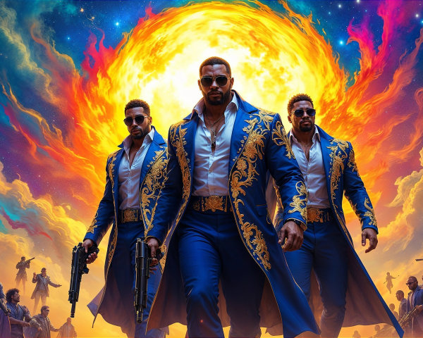 Confident Figures in Blue and Gold Coats with Guns