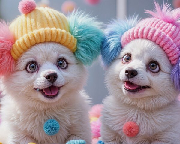 Playful Puppies in Colorful Hats Surrounded by Balls