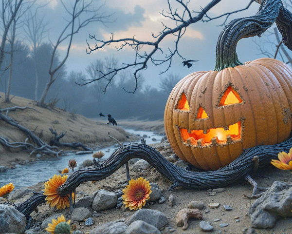 Glowing Jack-o'-lantern in a Desolate Landscape