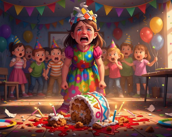 Young girl upset over dropped birthday cake at party