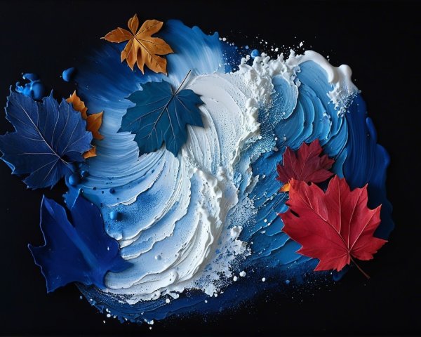 Vibrant Abstract Artwork with Waves and Autumn Leaves