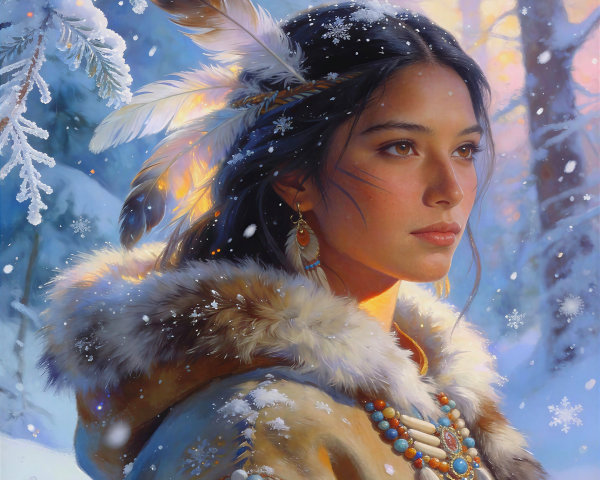 Thoughtful Woman in Winter Coat Amid Snowy Forest