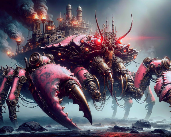 Mechanical Crab in Misty Steampunk Landscape