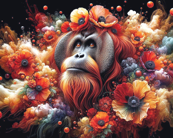 Orangutan Surrounded by Colorful Flowers and Patterns