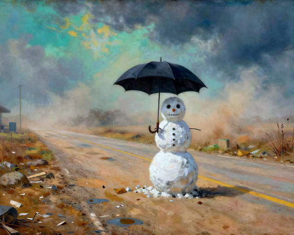 Snowman with Umbrella on a Wet, Muddy Road