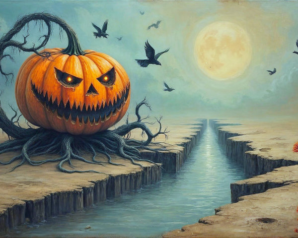 Giant Pumpkin in a Desolate Halloween Landscape