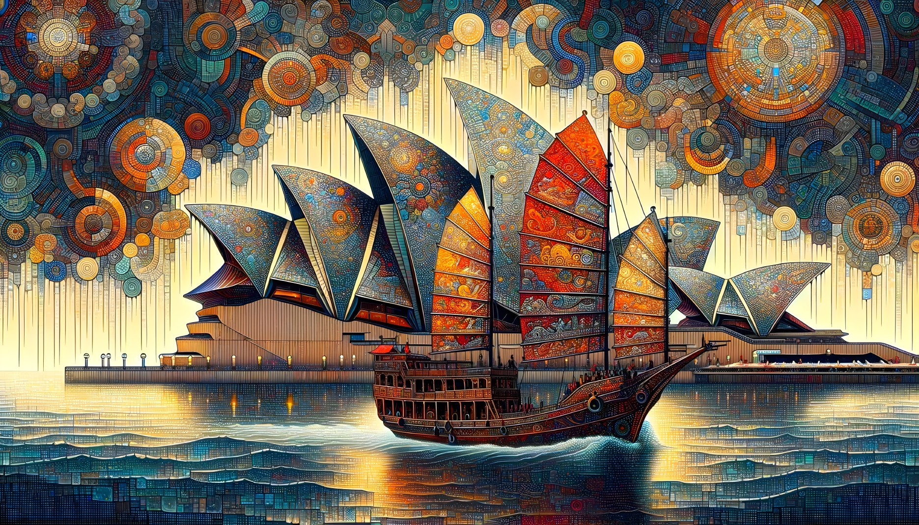 Vibrant digital artwork of a sailing ship on mechanical background