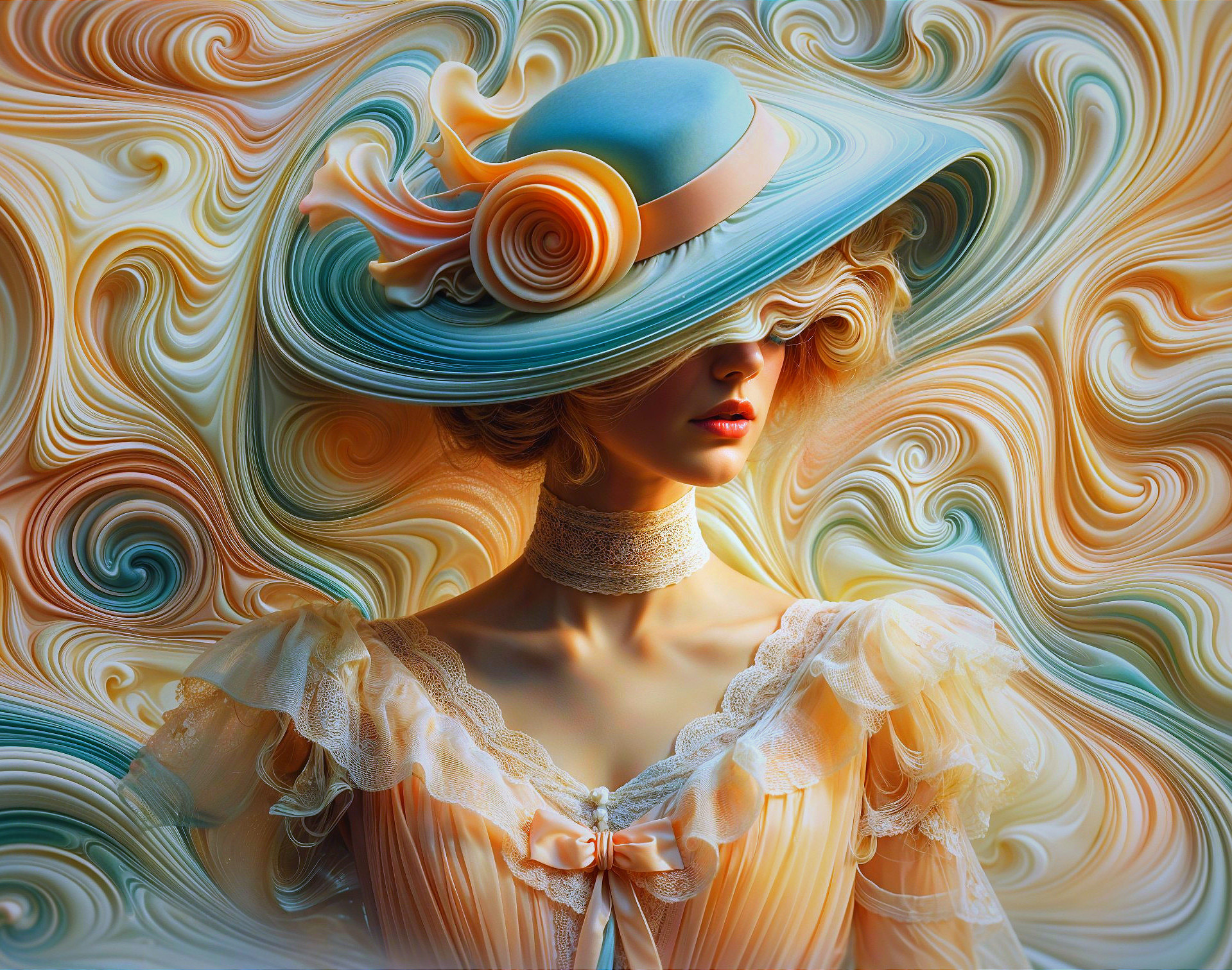 Elegant figure in decorative hat with floral accents