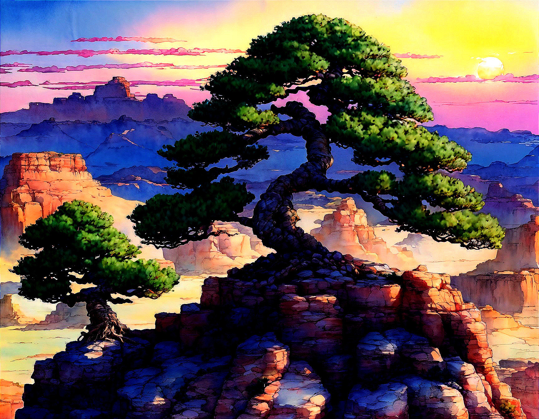 Vibrant Landscape with Twisted Trees and Sunset Sky