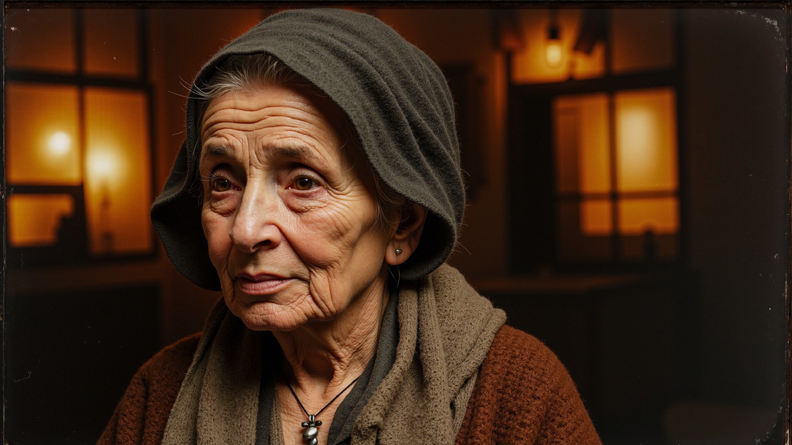Elderly Woman in Dark Hood and Brown Shawl Portrait