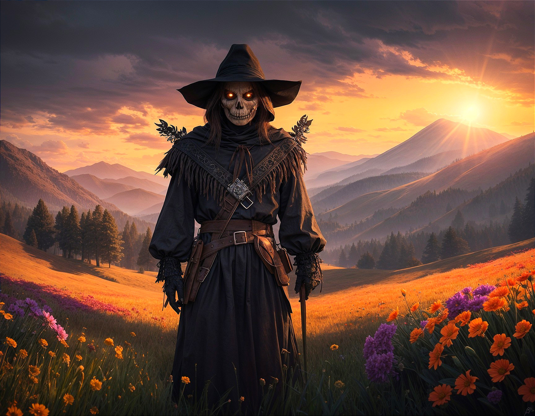 Skeletal Scarecrow in Flower Meadow at Sunset