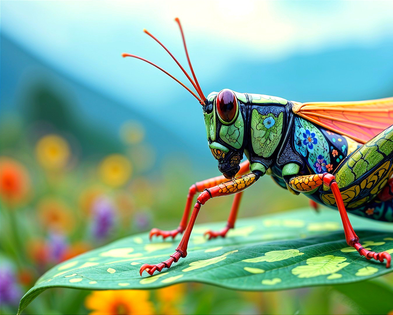 Colorful Grasshopper on Leaf in Vibrant Garden