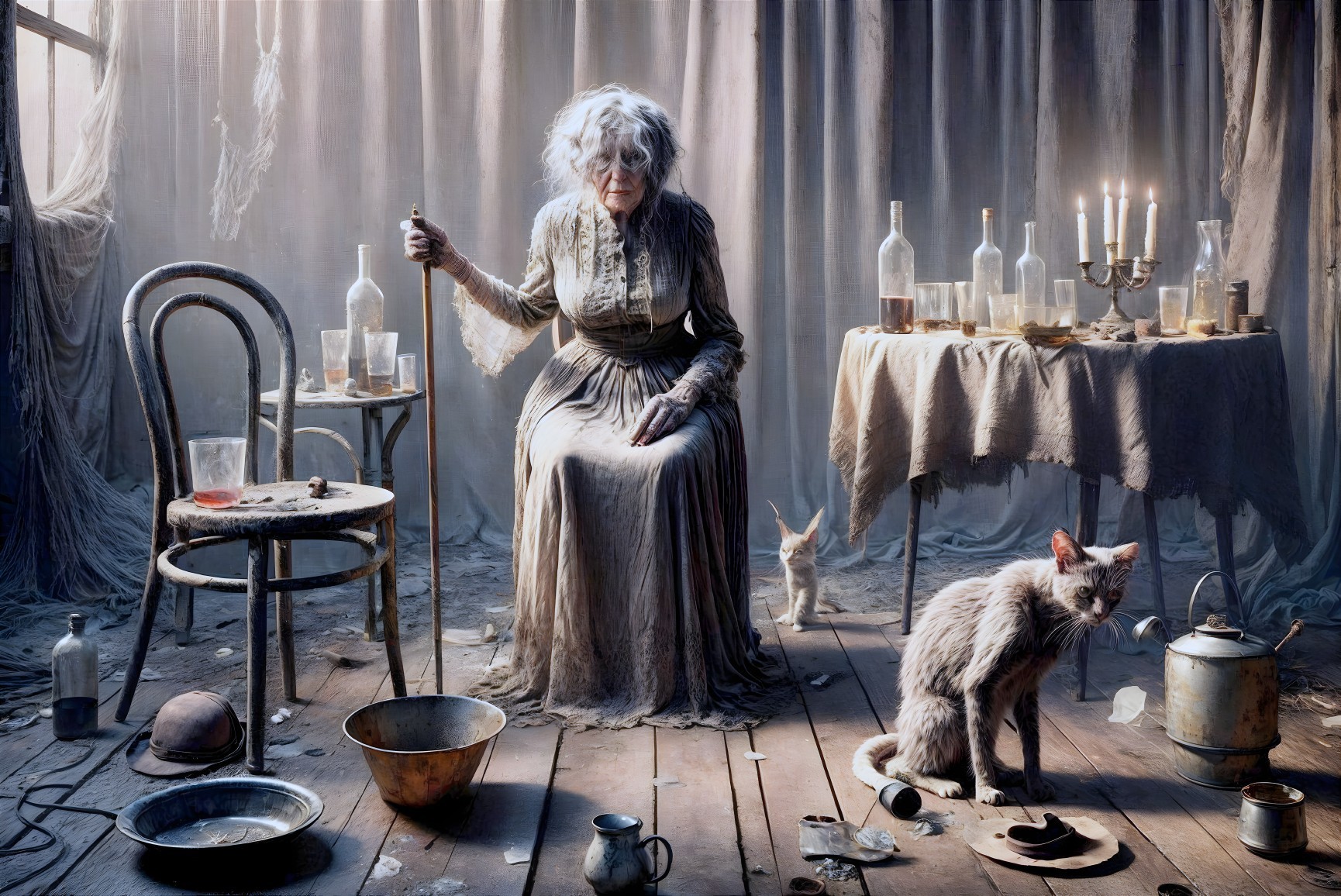 Elderly Woman in Dusty Room with Animals and Candles