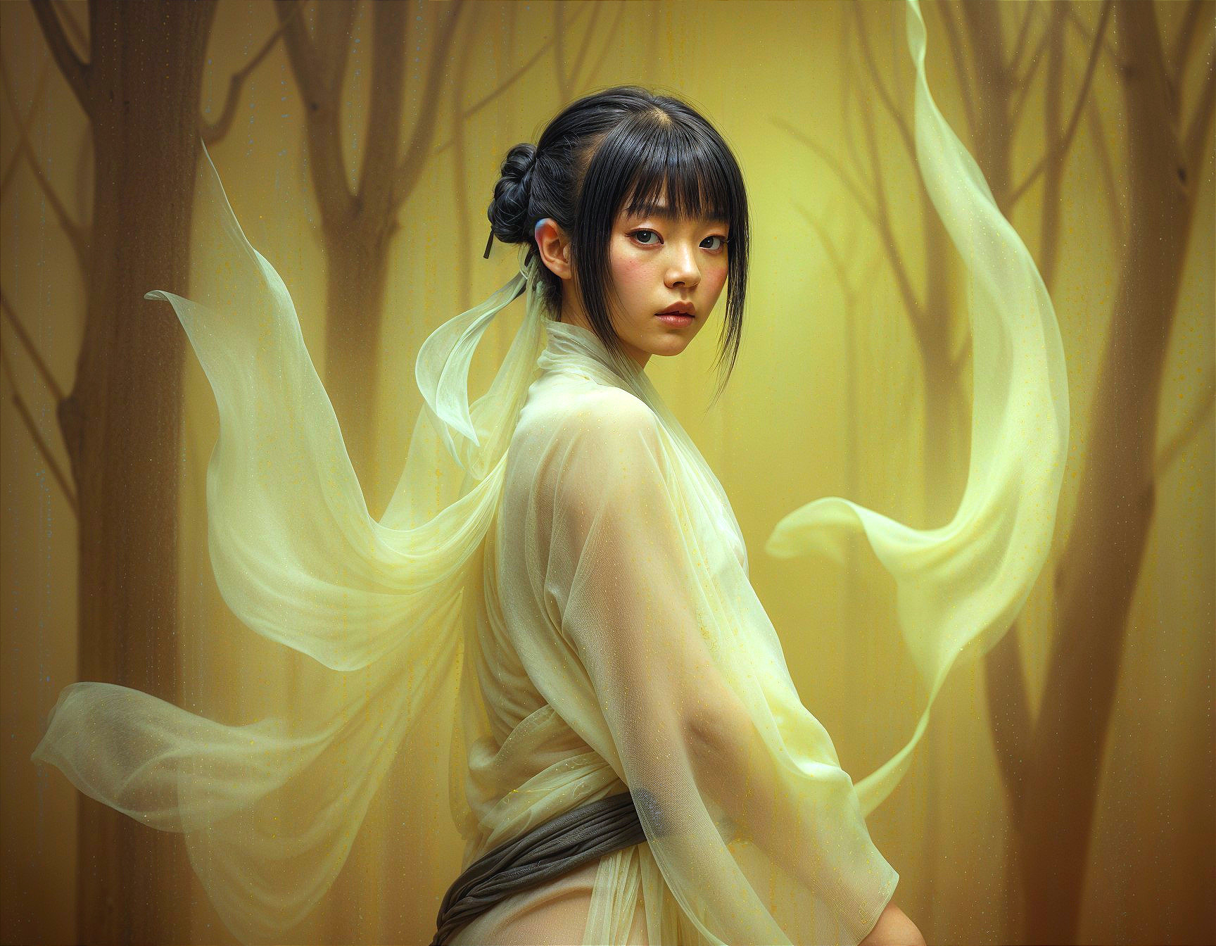 Young woman in ethereal attire in serene forest setting