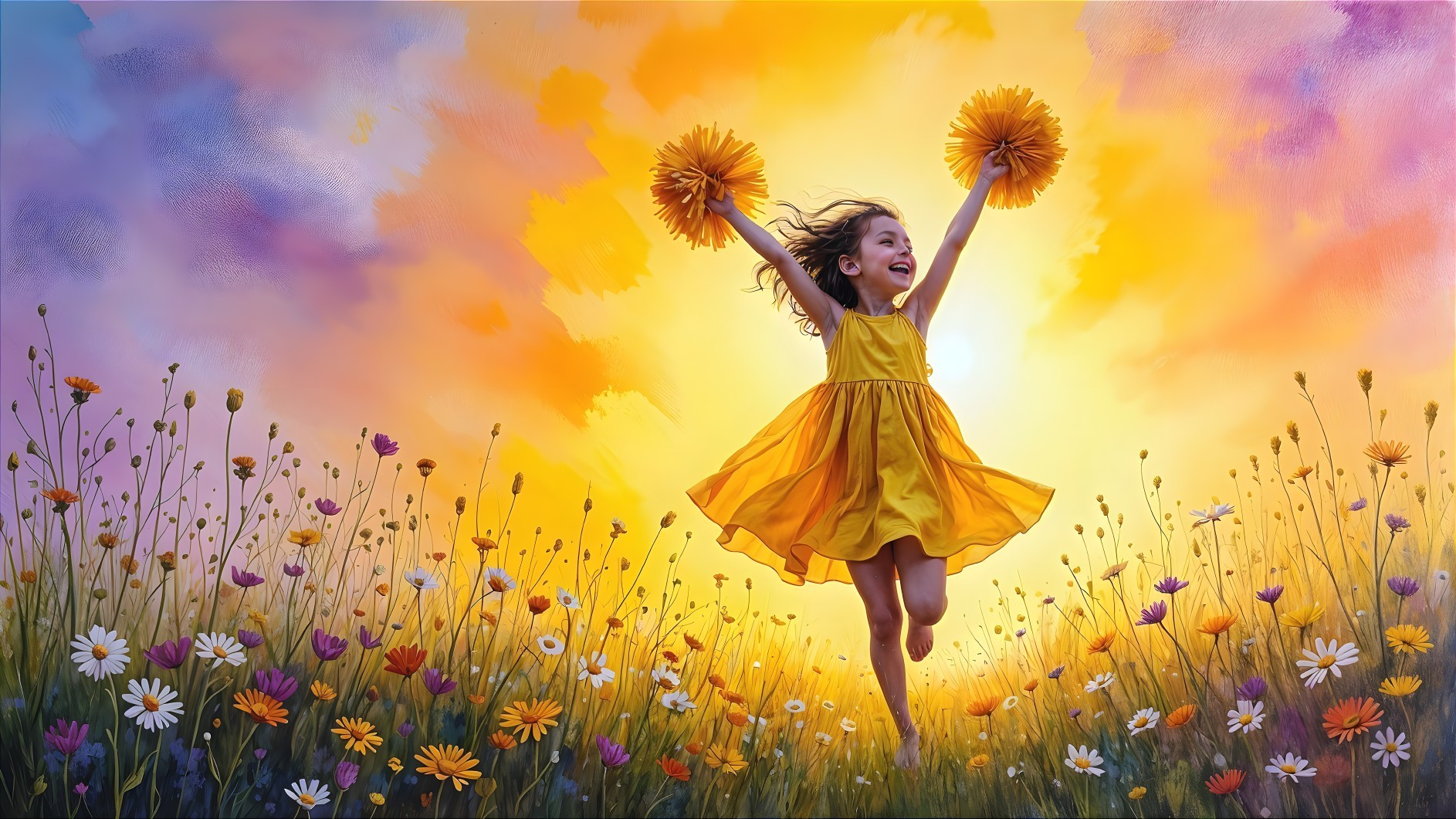 Young girl in yellow dress dances in vibrant flower field