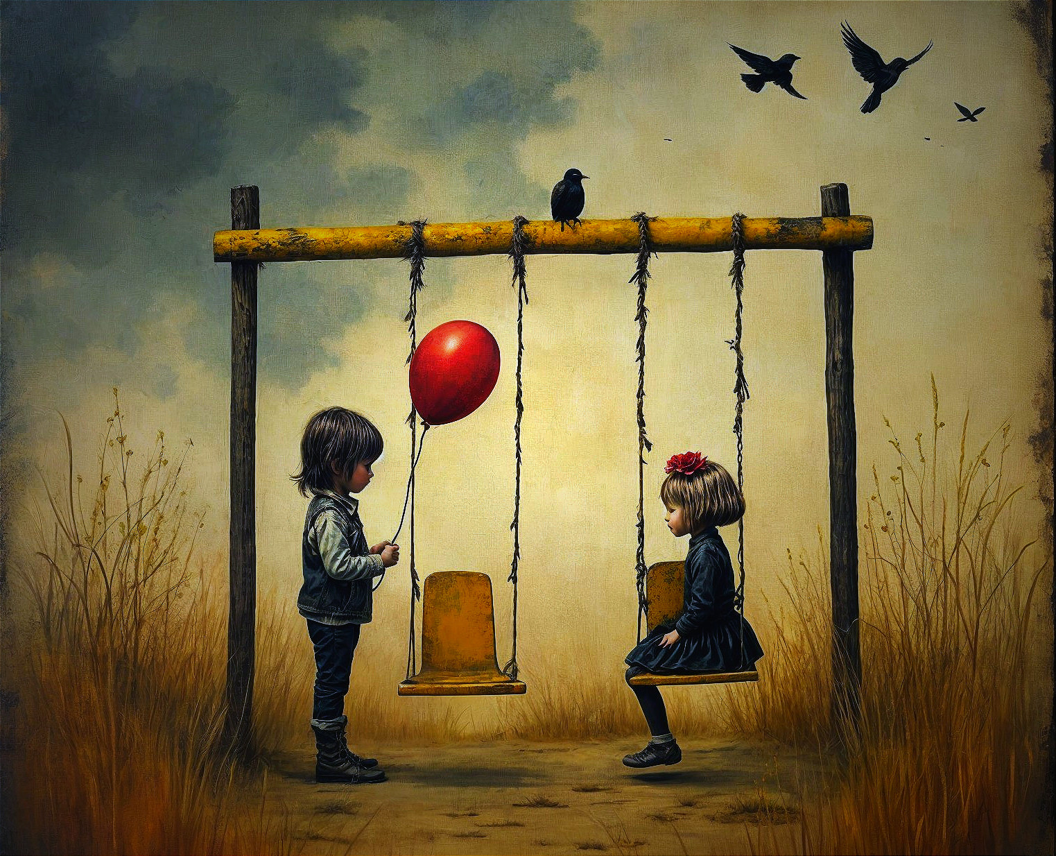 Children at a Rustic Swing Set in a Golden Landscape