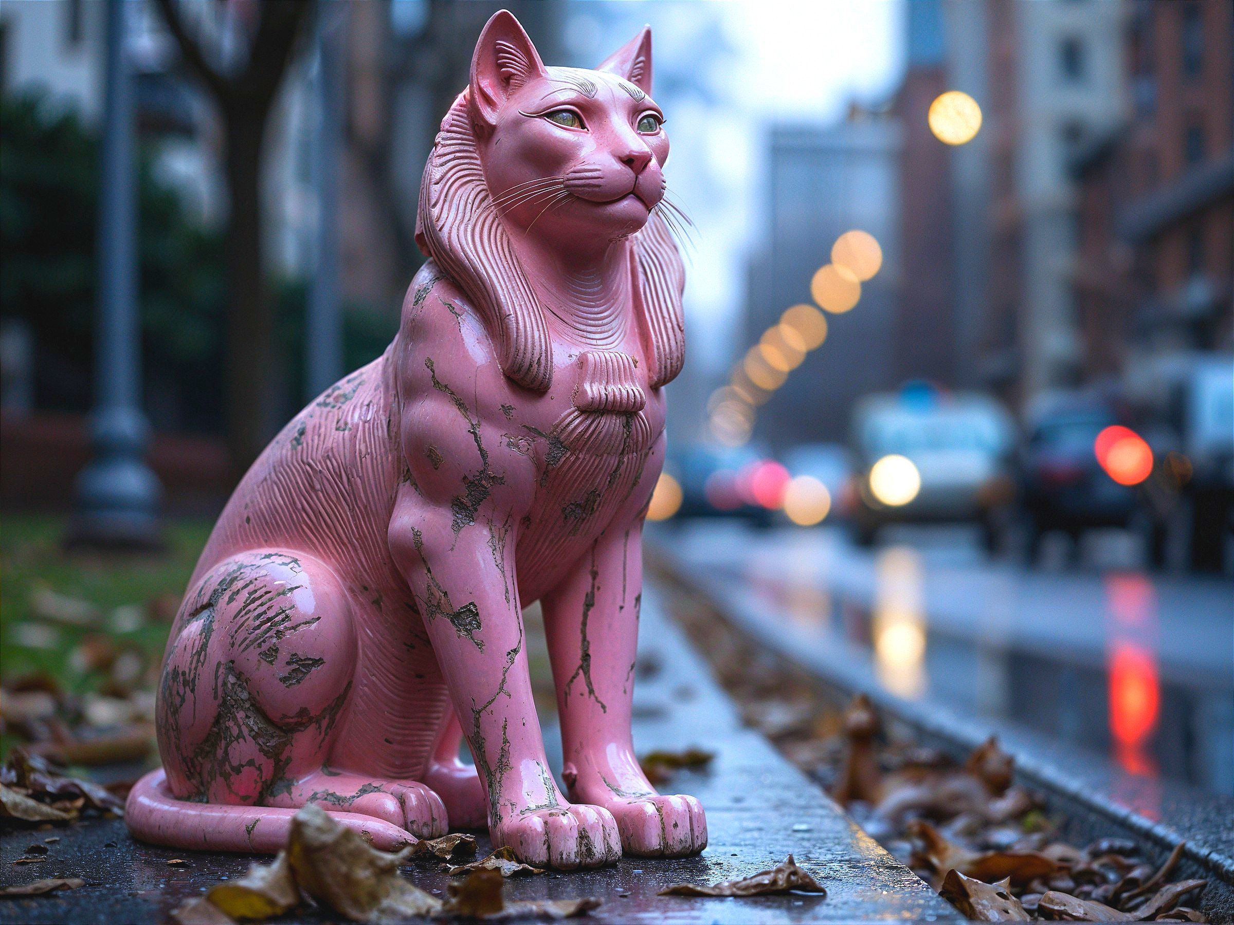 Large Pink Cat Statue in Urban Street Setting
