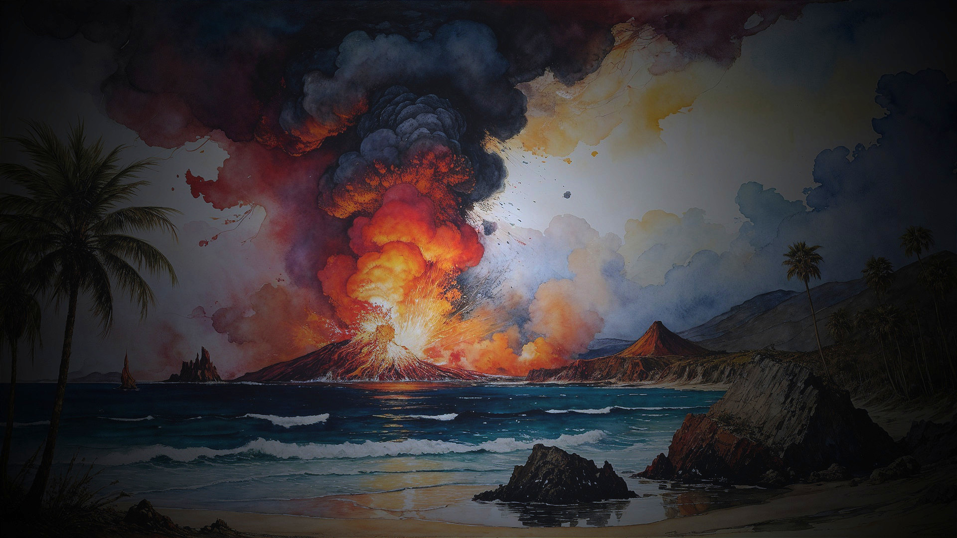 Volcanic Eruption at Serene Coastal Landscape