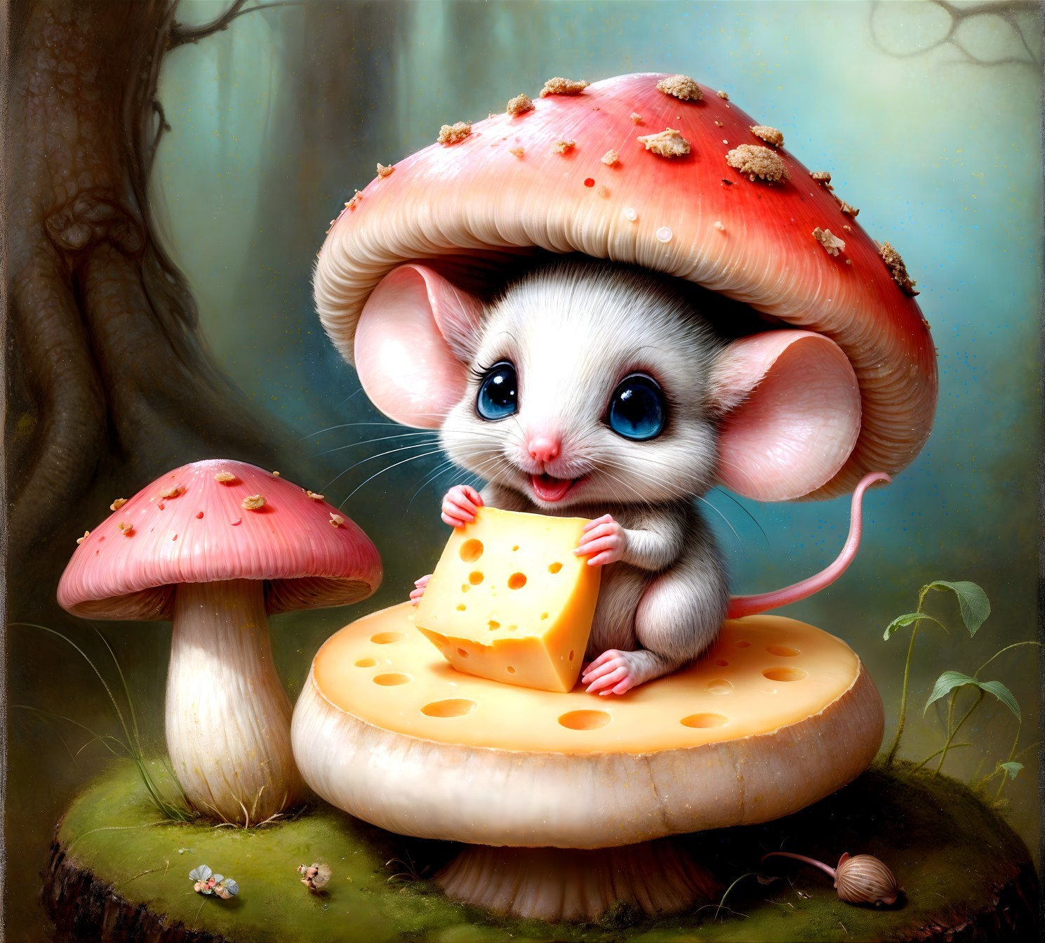 Whimsical Mouse on Cheese Slice in Forest Setting