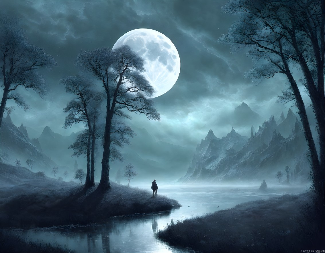 Lone figure by river in misty moonlit landscape