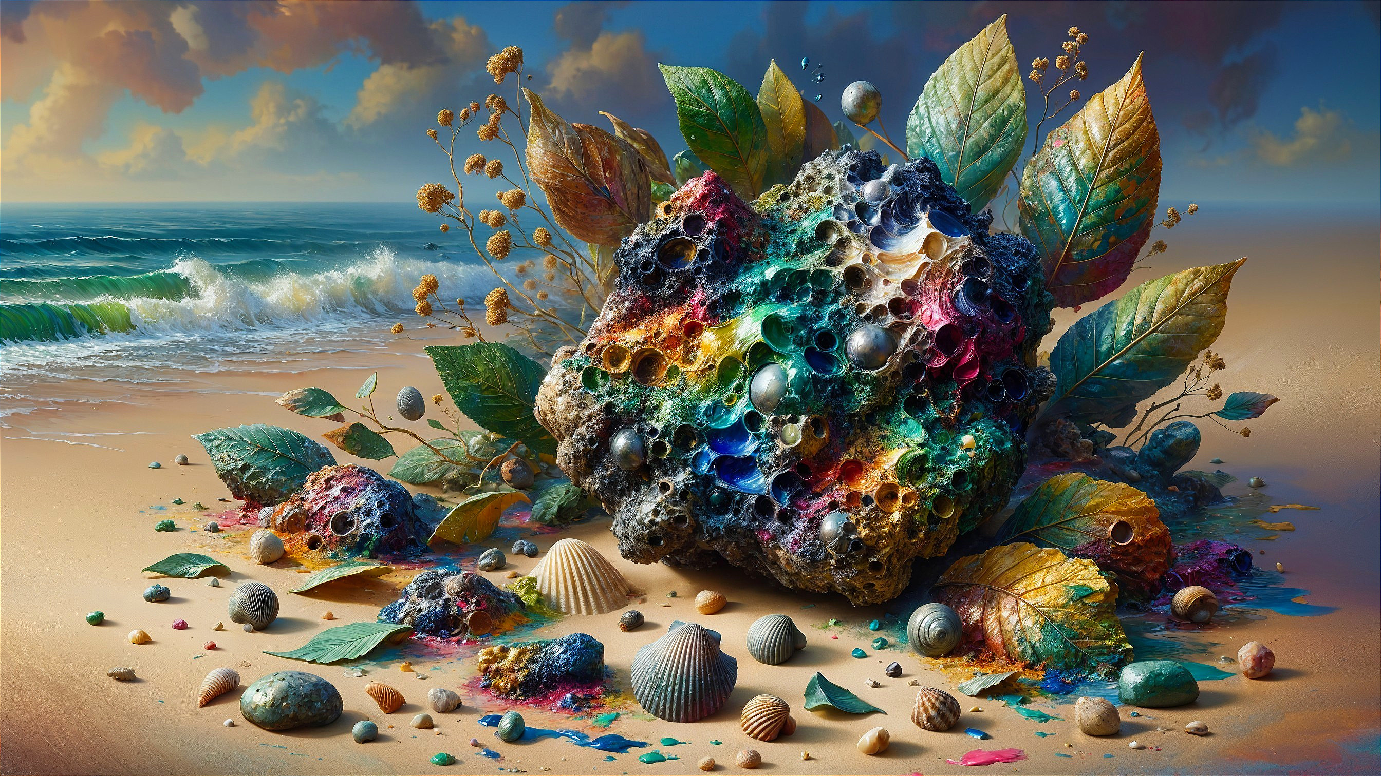 Surreal Beach Scene with Colorful Rock Formation
