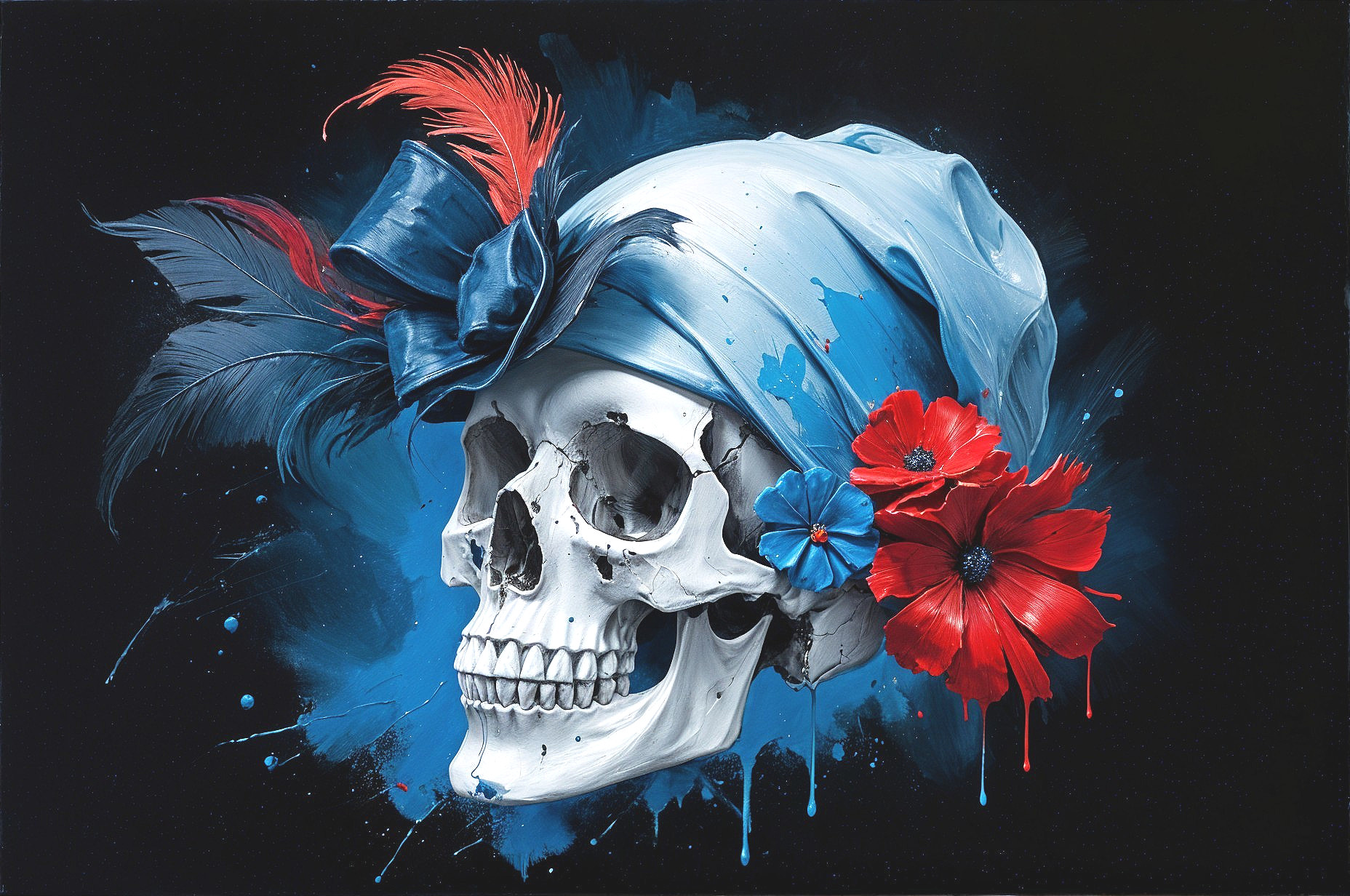 Human skull with blue scarf and vibrant flowers