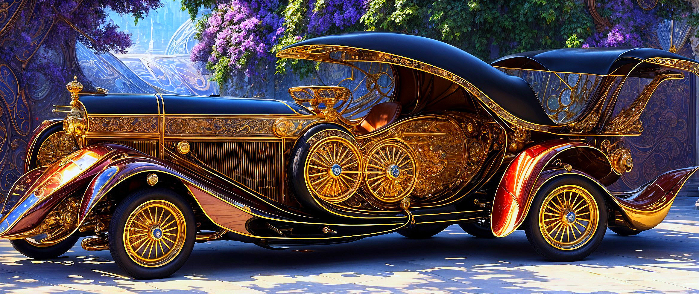 Vintage Car with Gold Embellishments and Black Exterior