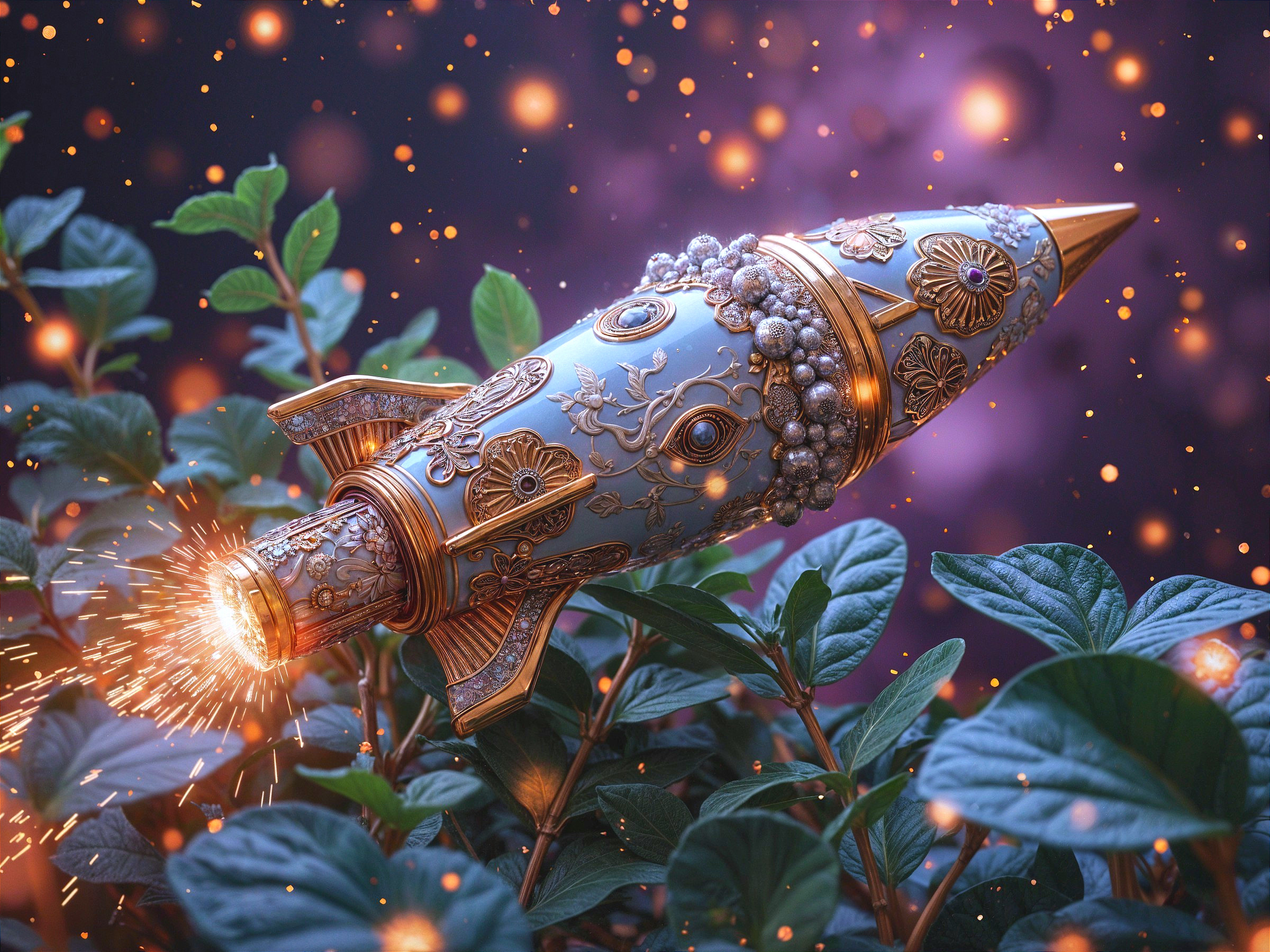 Rocket with Floral Patterns and Gemstones in Foliage
