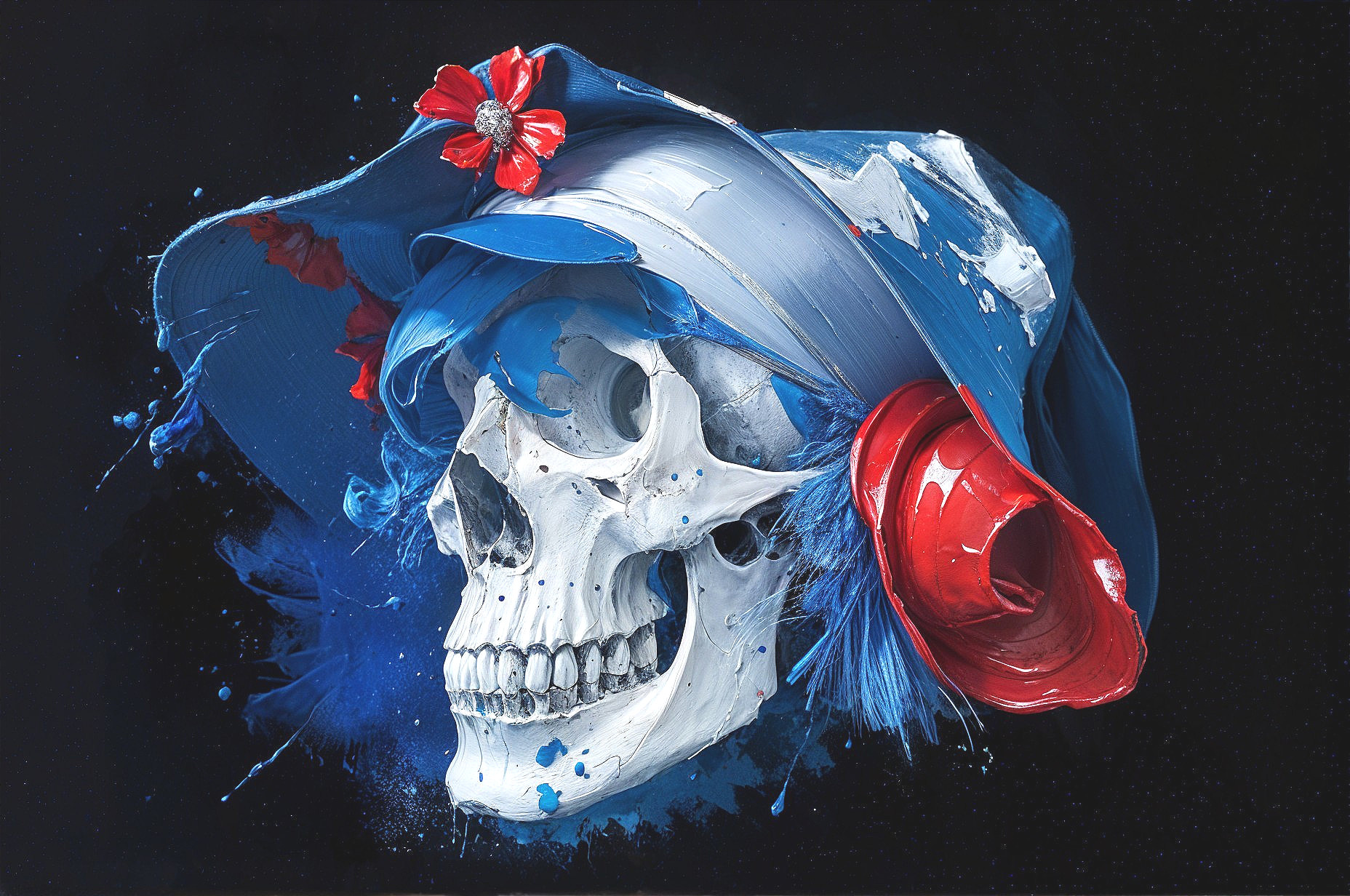 Skull with Blue Painter's Hat and Colorful Paint Splashes