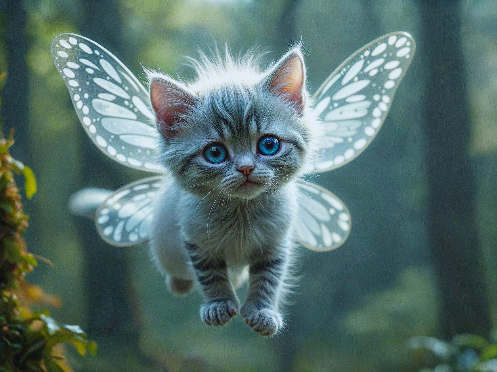 Fluffy Gray Kitten with Butterfly Wings in Forest