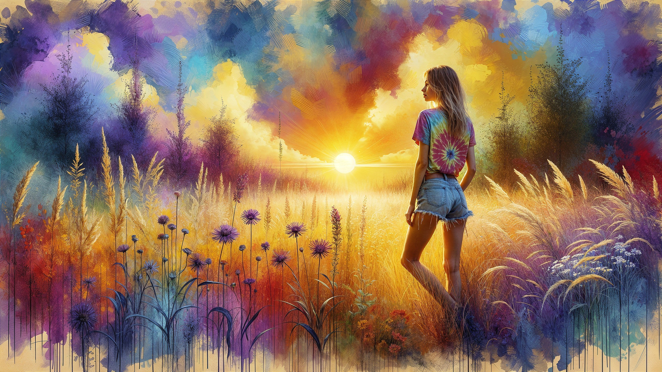 Vibrant Sunset Over Wildflowers and Tall Grass Landscape