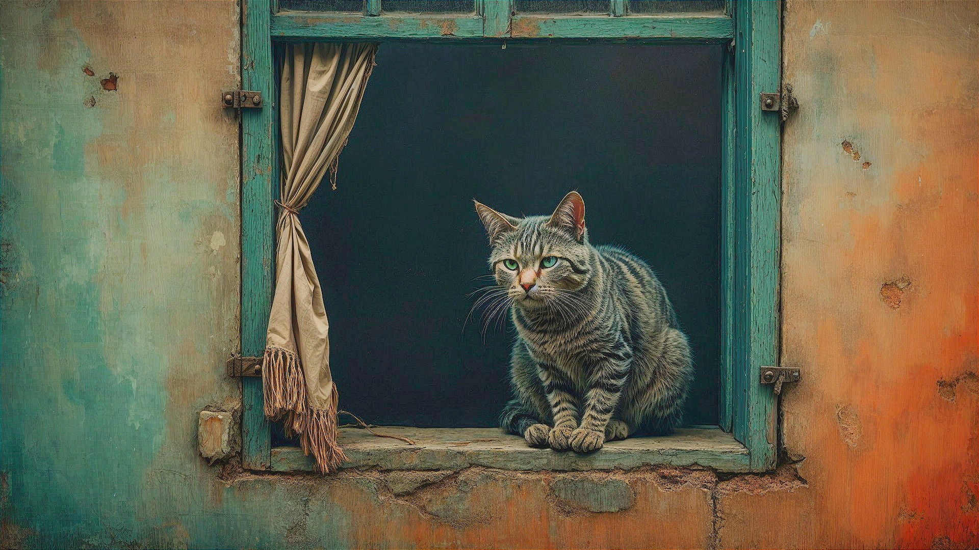 Tabby Cat in Rustic Window with Peeling Teal Paint