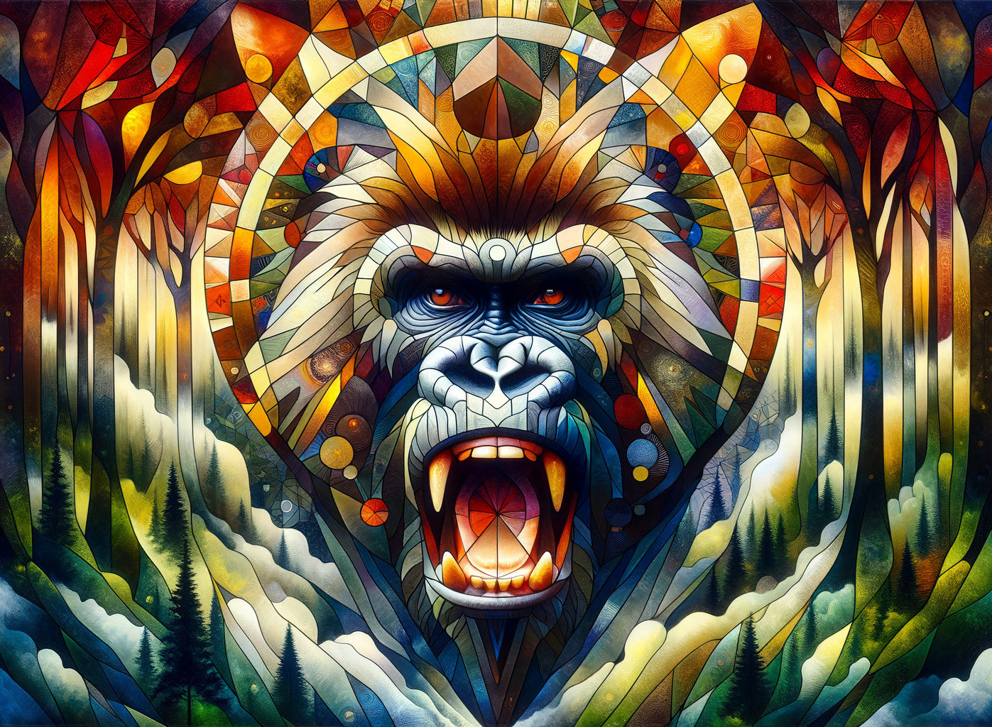 Stylized gorilla head with geometric patterns and colors
