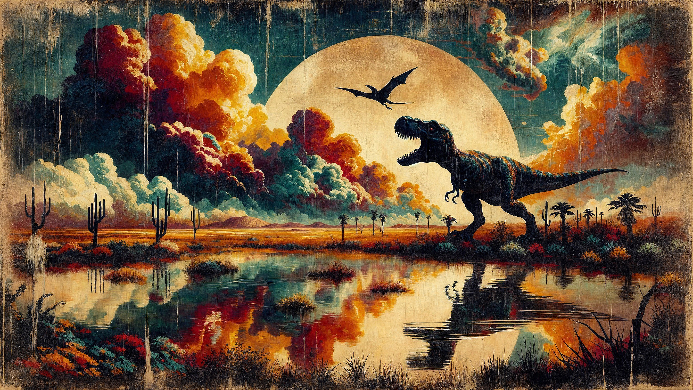 Dramatic T-Rex Landscape with Vibrant Sky and Water