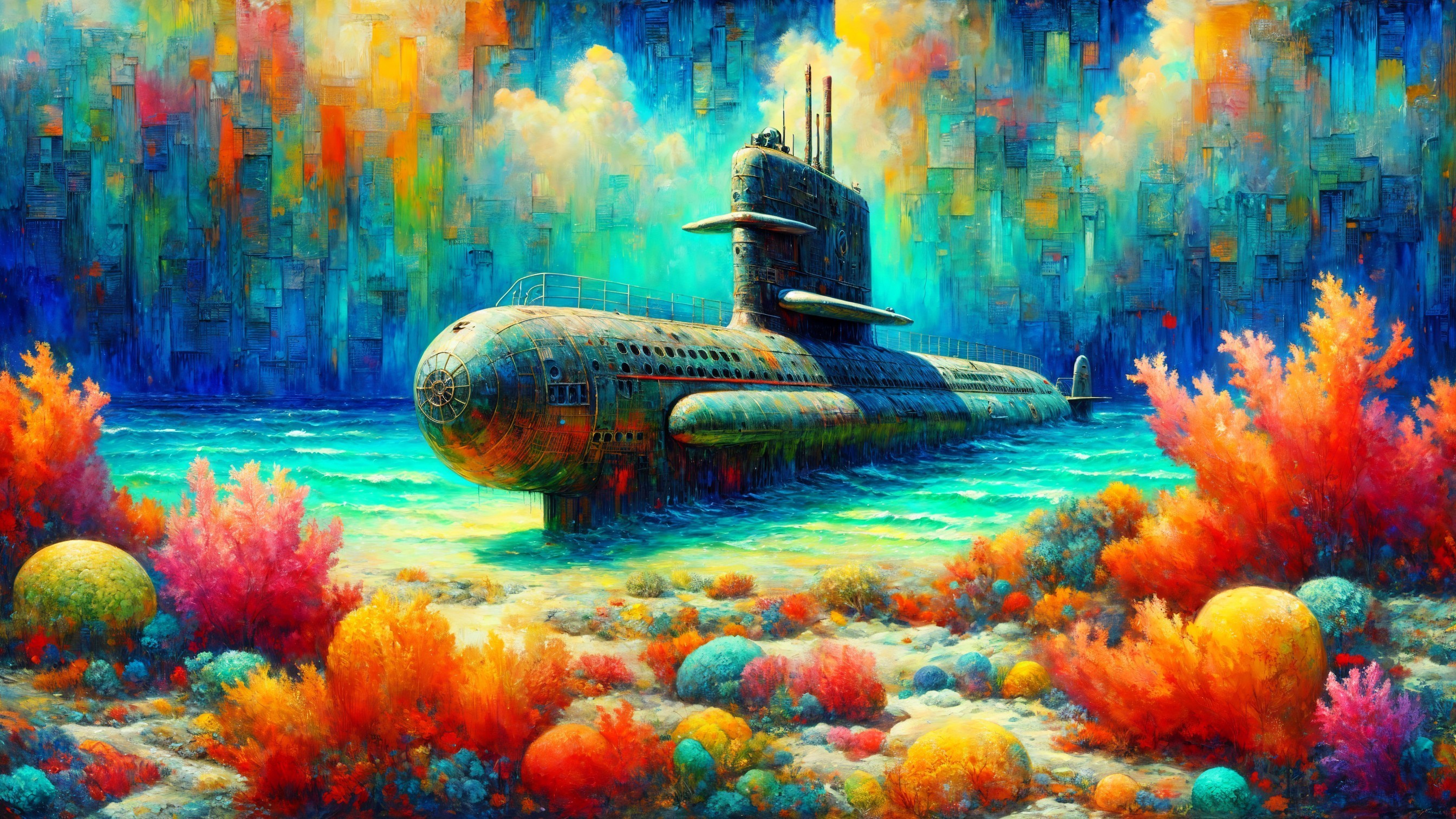 Vibrant Underwater Scene with Colorful Submarine and Coral