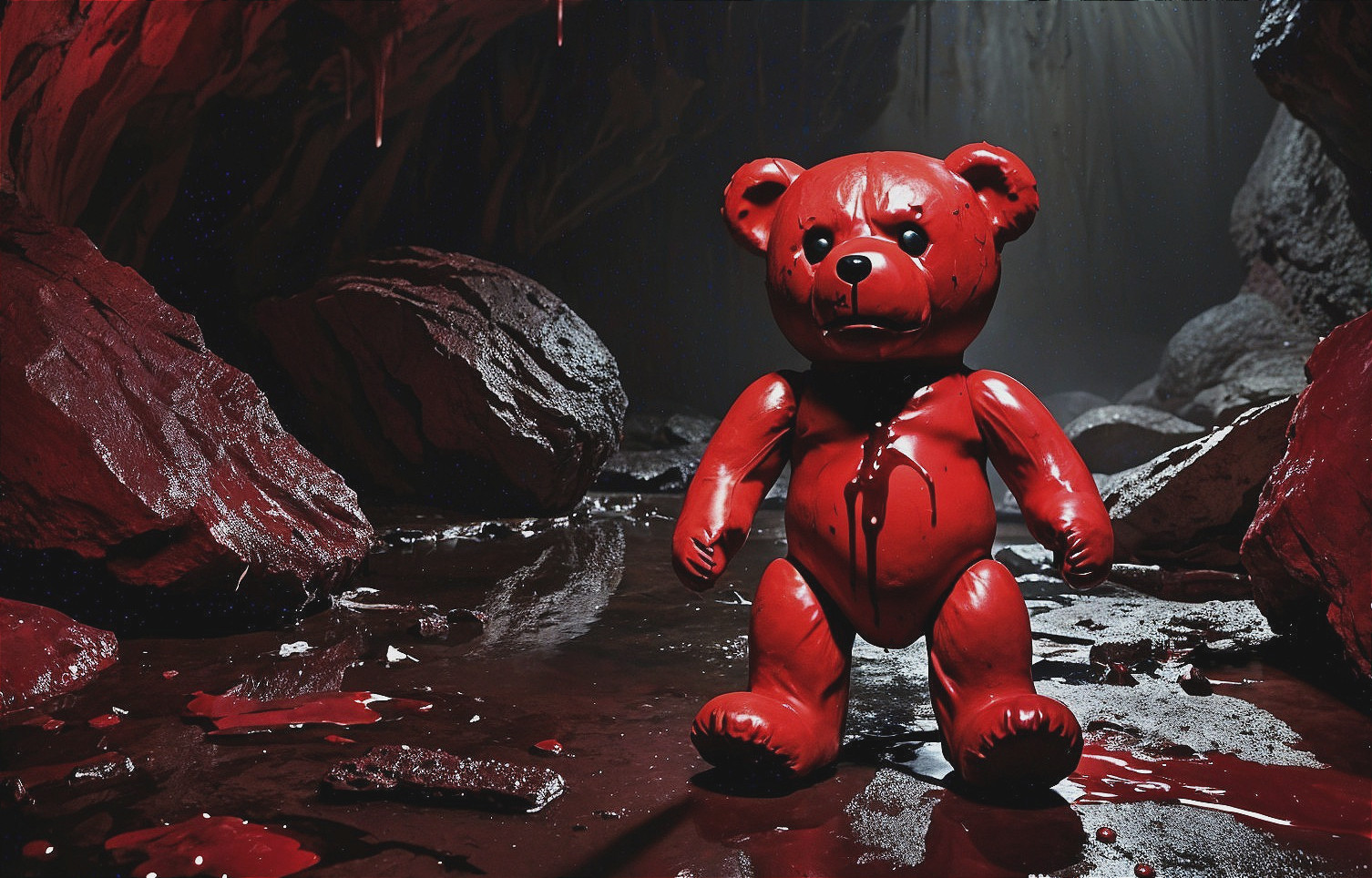 Glossy Red Teddy Bear in Dark Cave Setting