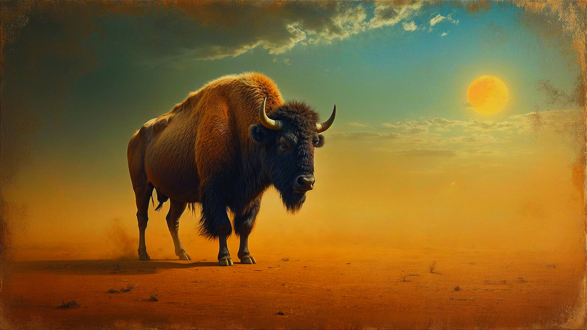 Bison in Arid Landscape at Sunset with Warm Hues