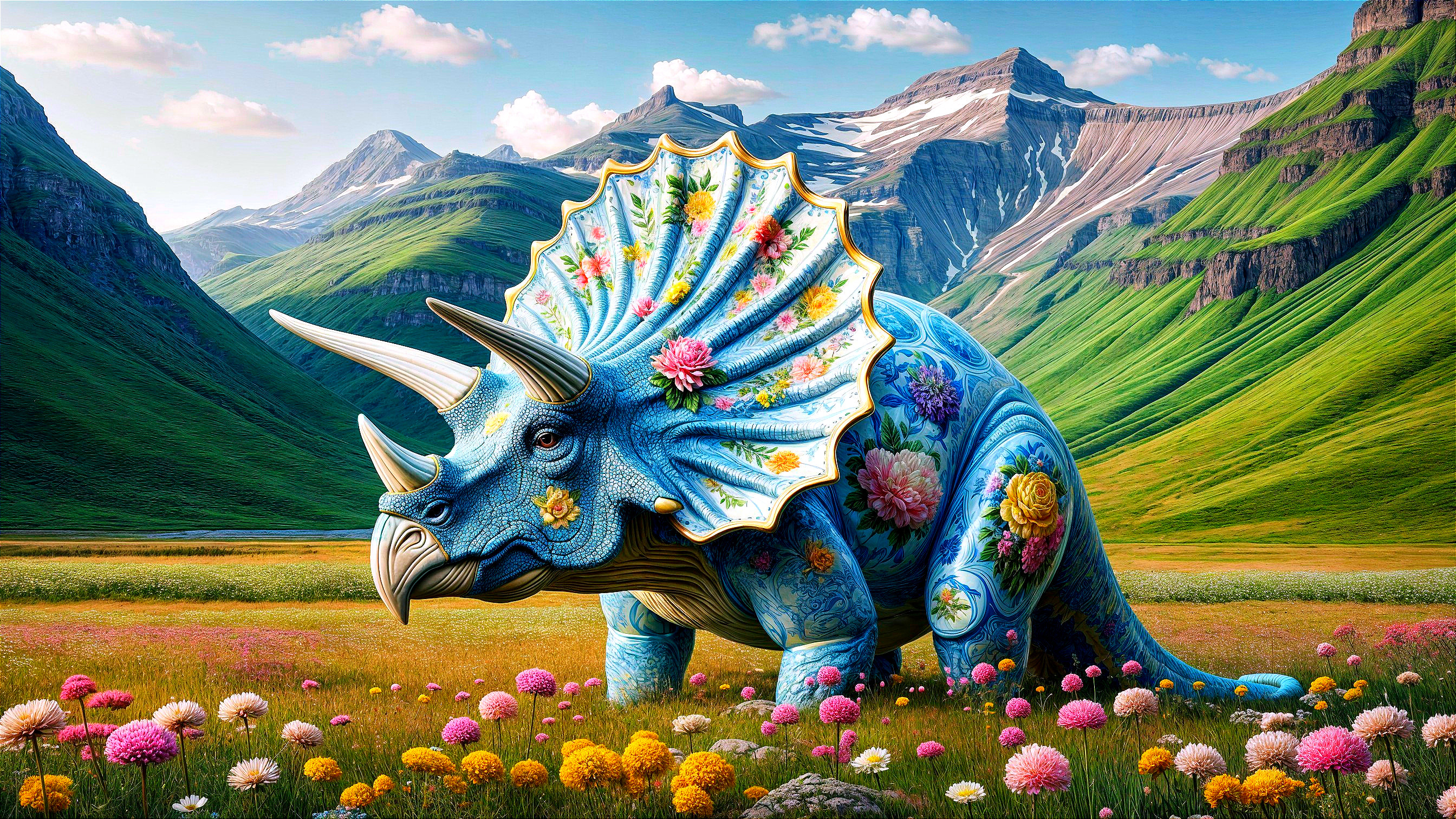 Vivid Blue Triceratops in Colorful Flower Meadow