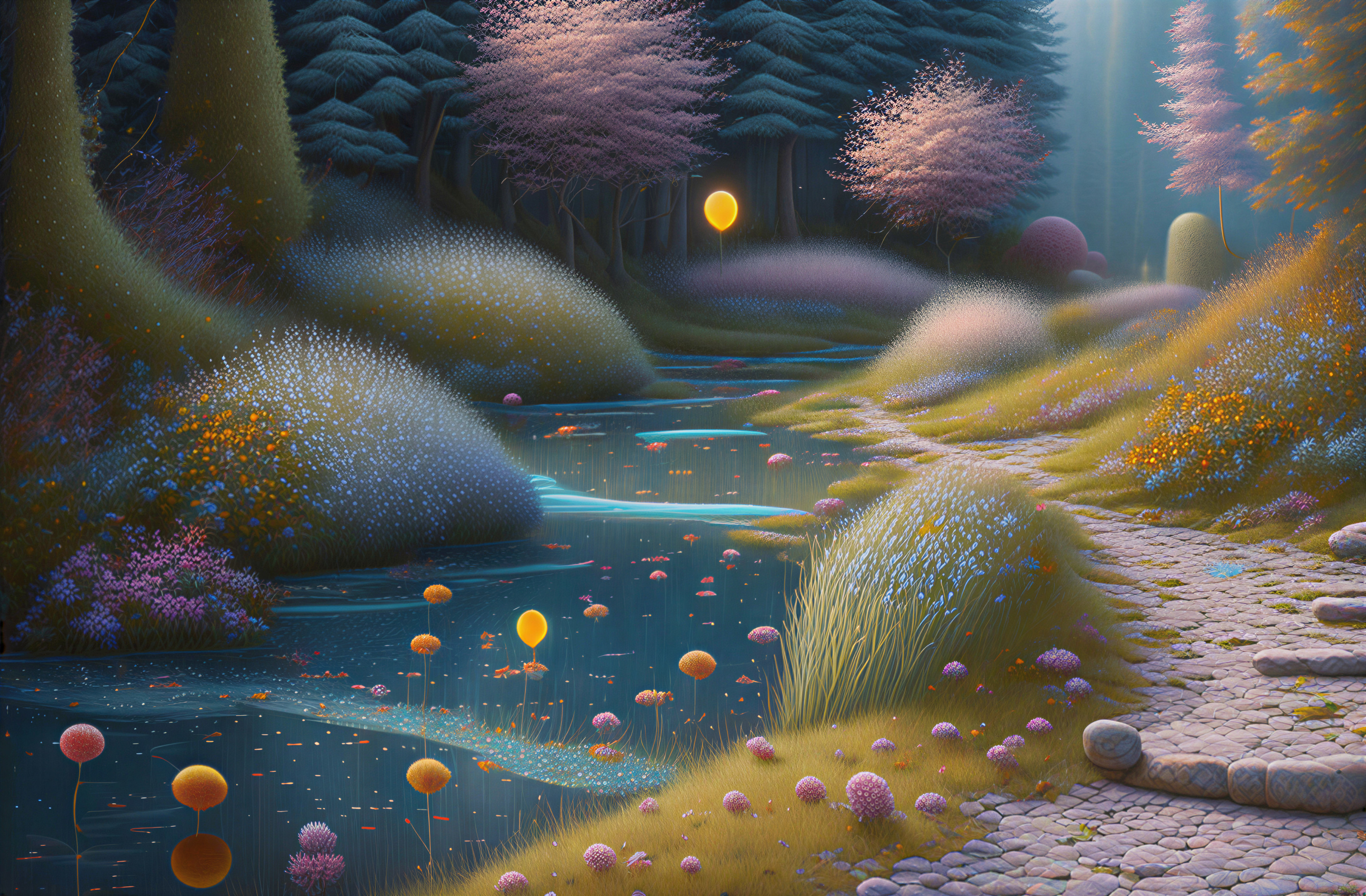 Serene Landscape with Winding River and Lush Flora