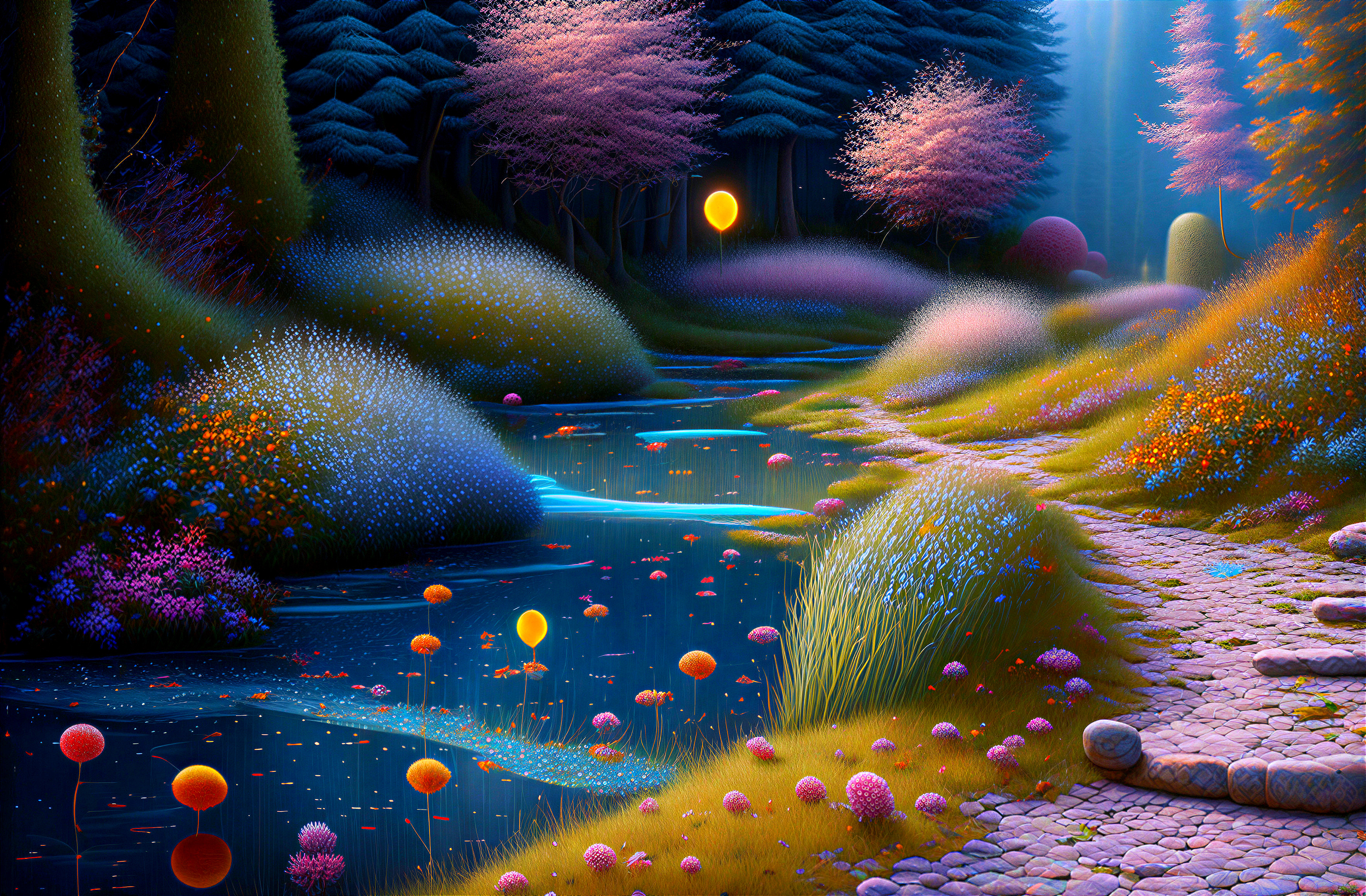Serene Landscape with Winding River and Lush Flora