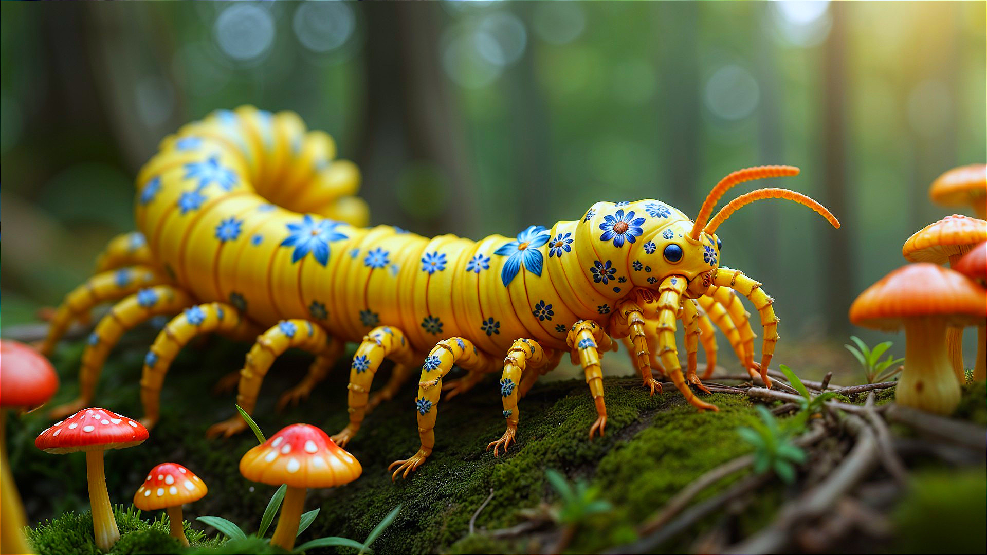 Oversized Caterpillar Among Flowers in Lush Forest