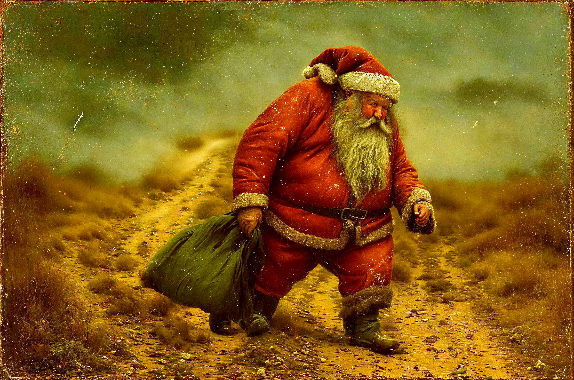 Oil Painting of Santa Claus on a Dirt Road